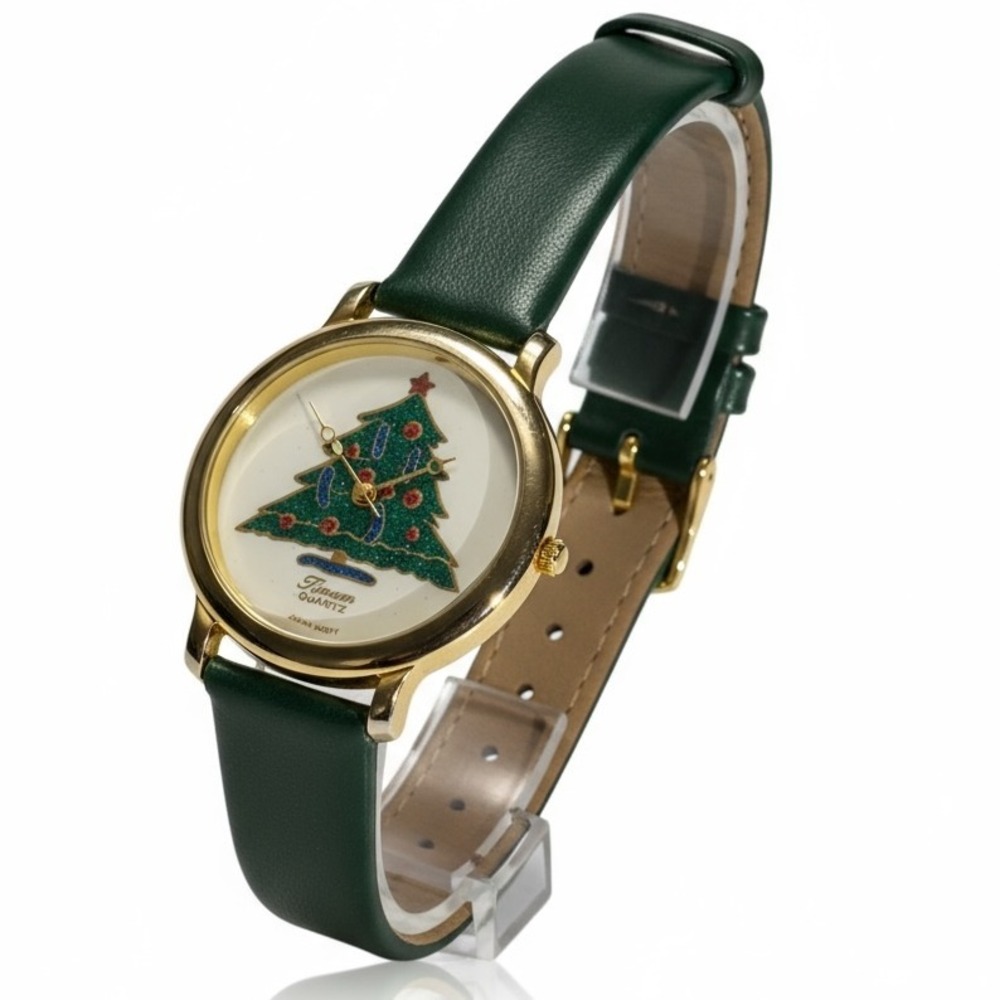 Tinum Quartz‎ Christmas Tree Watch Gold Tone Green Leather Strap Holiday